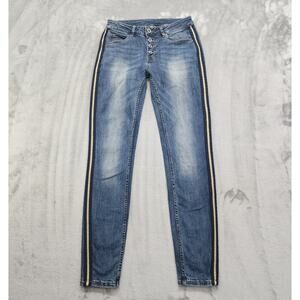 Six Denim Jeans Womens M Blue Exposed Button Fly Side Stripe Skinny Stretch